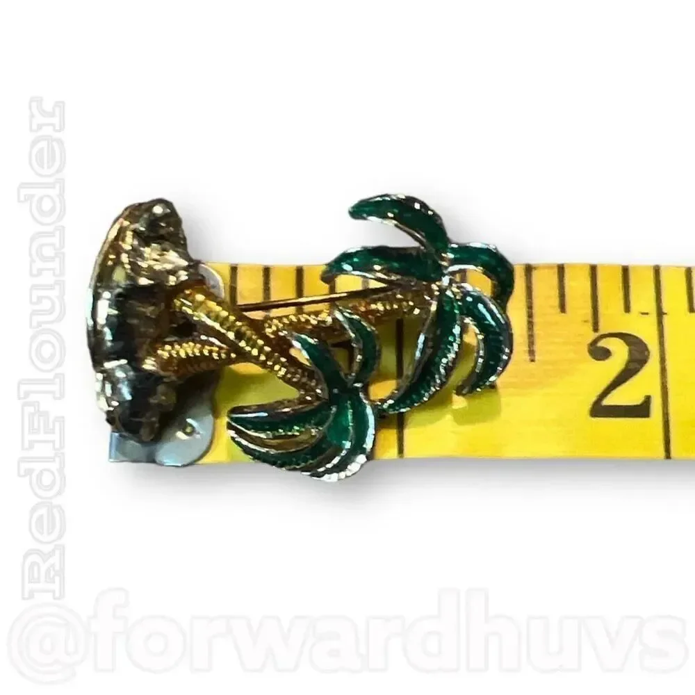 Vintage Gold Tone & Enamel Palm Tree Brooch
